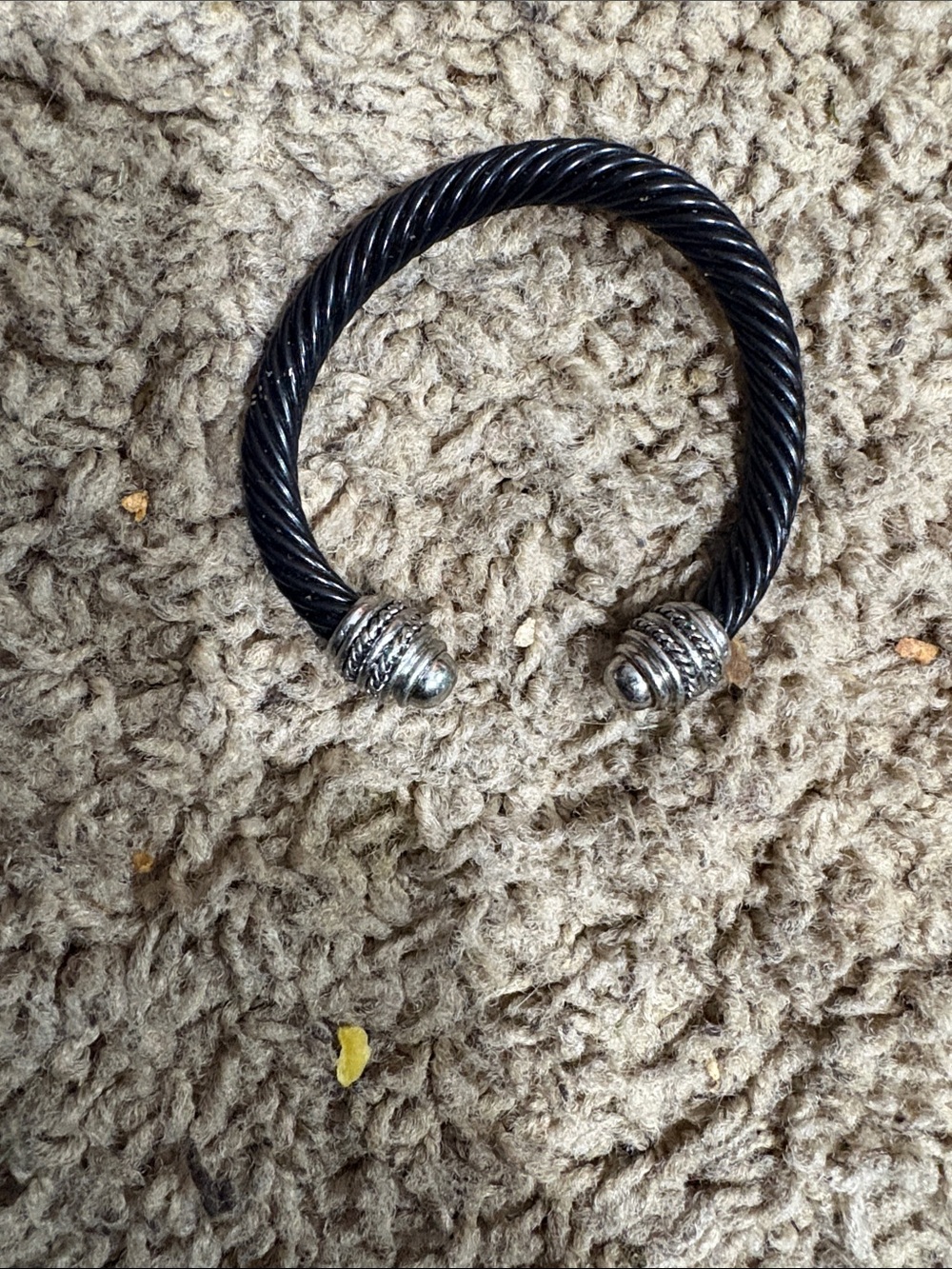 Women or Men's Black Twisted Cable Cuff Bracelet with Silver Ends